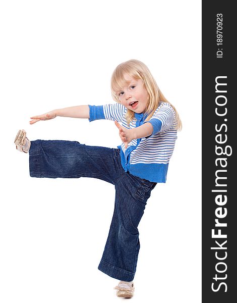 Cute little girl stretching looking at camera