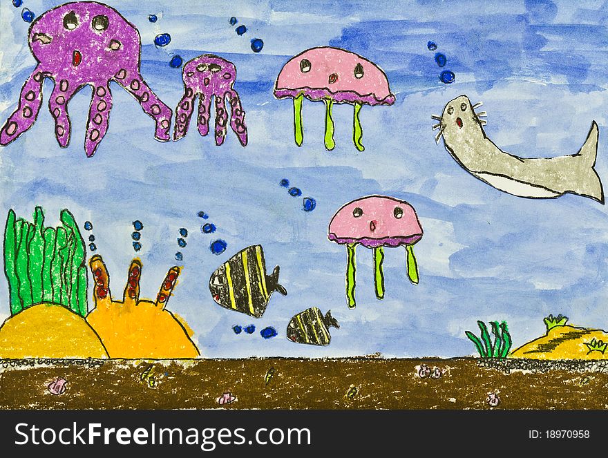 Child's hobby of underwater animal on paper. Child's hobby of underwater animal on paper