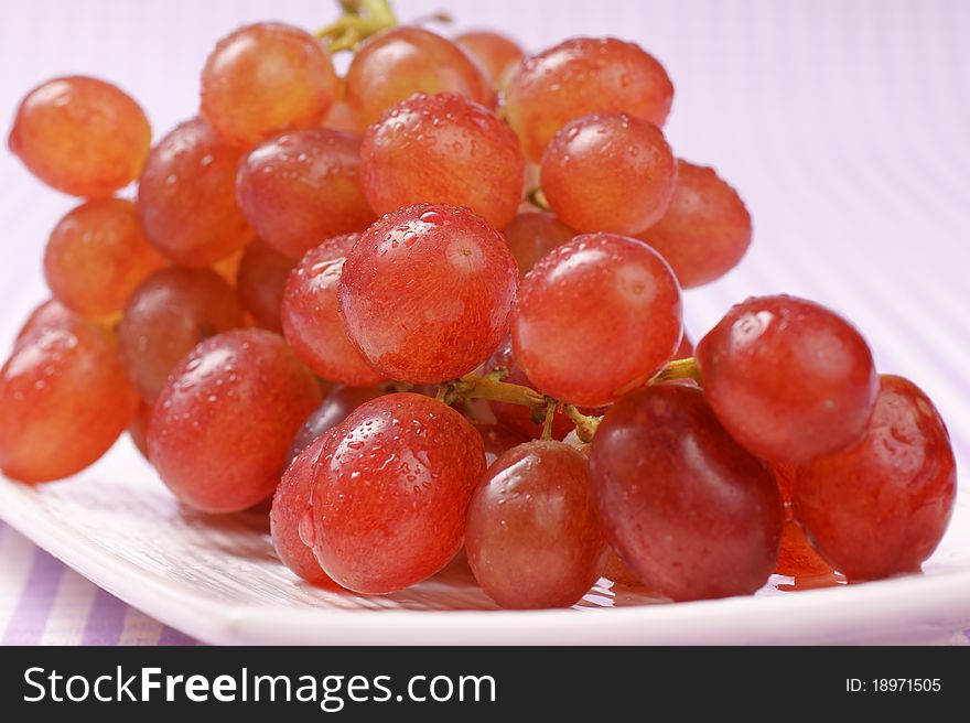 Italian red table grape on a white plate. Selective focus, extra-shallow DOF. Italian red table grape on a white plate. Selective focus, extra-shallow DOF