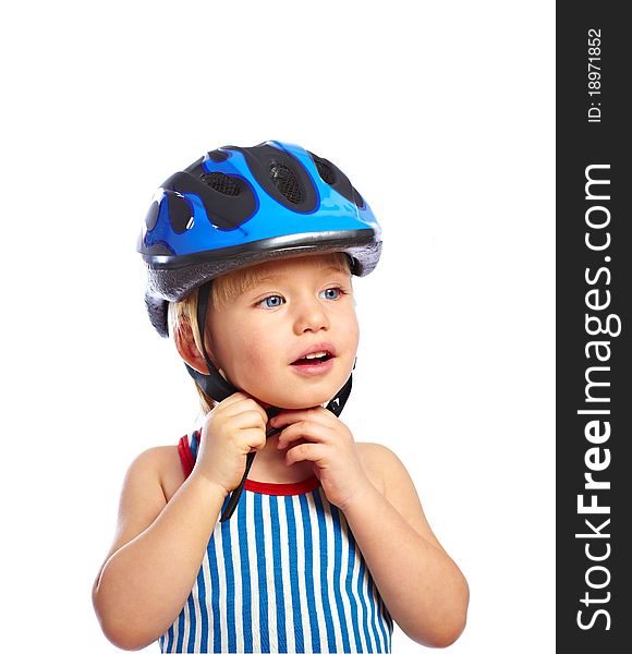 Little boy dress off a protective bikers helmet. Little boy dress off a protective bikers helmet