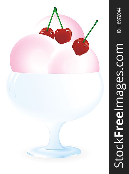 Ice cream with cherry in blue vase, isolated on white