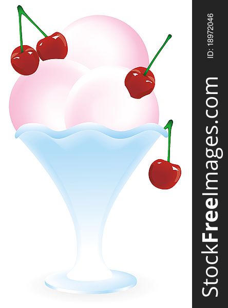 Ice cream with cherry in blue vase, isolated on white