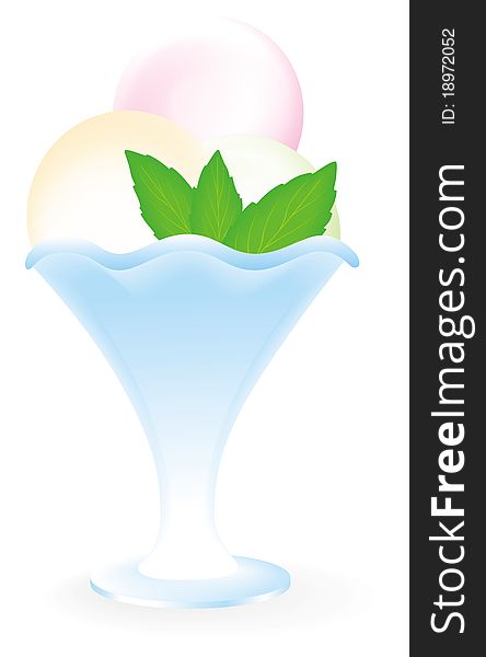 Ice cream with mint in blue vase, isolated on white