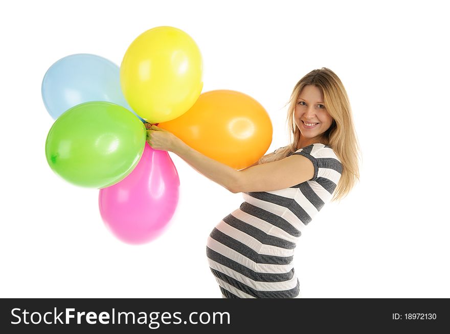 Pregnant woman with balloons isolated on white