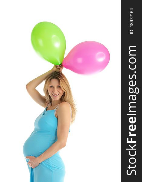 Pregnant woman with colorful balloons isolated on white