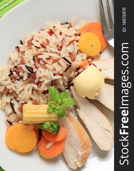 Chicken Meat With Mixed Rice And Vegetables