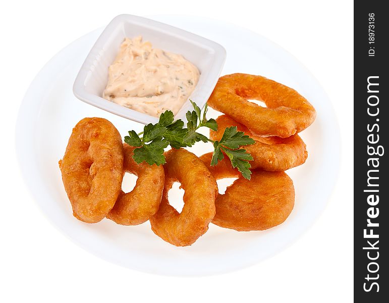 Fried Squid Rings With A Cheese Sauce