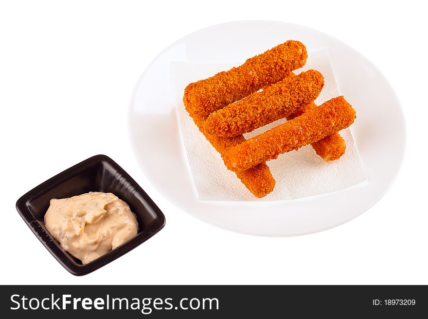 Delicious mozzarella fried sticks with cheese sauce isolated