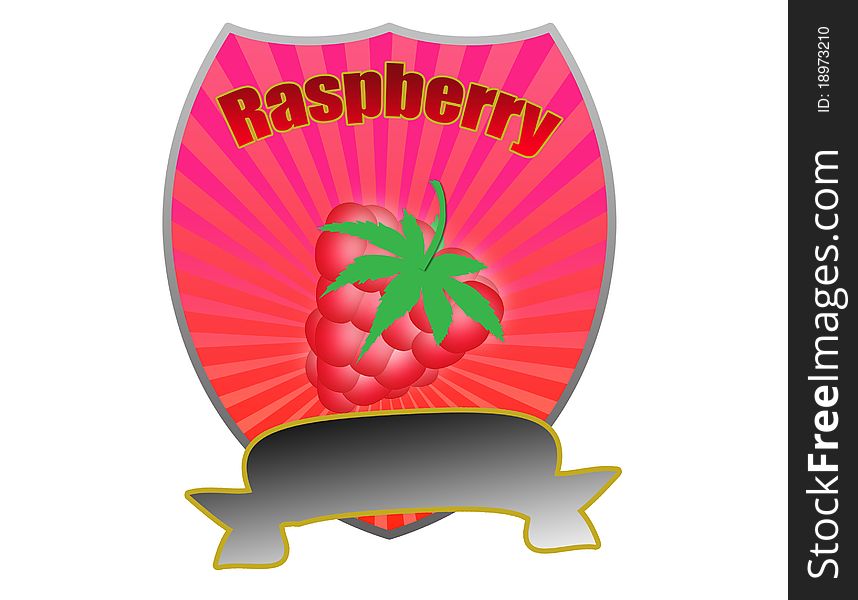 Red label with raspberry on white. Vector illustration. Red label with raspberry on white. Vector illustration.