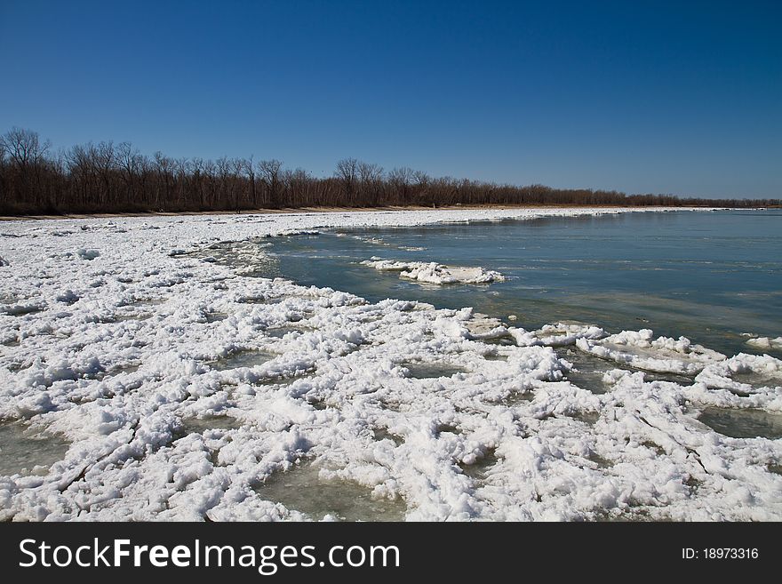 Thawing shore of Lake Erie on a early spring day