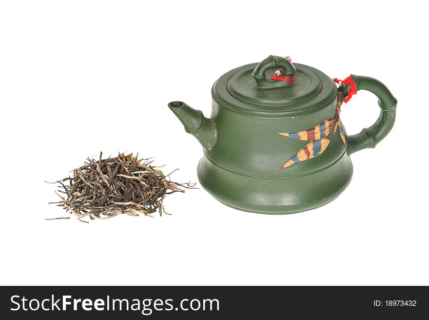 Green Chinese Teapot With Some Dry Tea Leaves