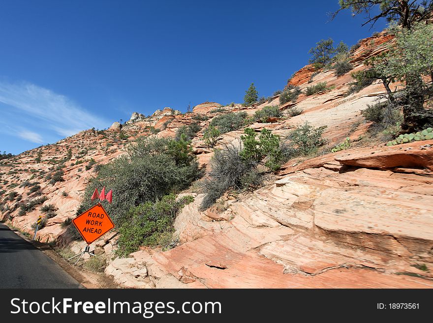 Road construction area in Zion National Park. Road construction area in Zion National Park