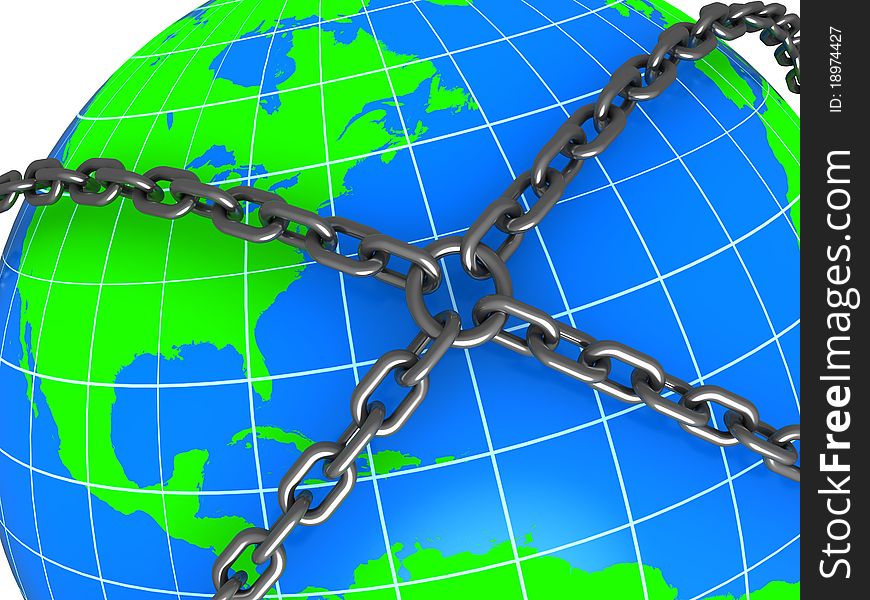 Abstract 3d illustration of earth locked with chains. Abstract 3d illustration of earth locked with chains