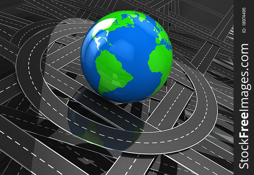 Abstract 3d illustration of many roads around earth globe. Abstract 3d illustration of many roads around earth globe