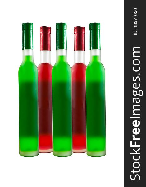 Green and Red wine bottles isolated on white.