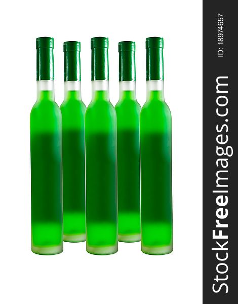 Green wine bottles in row isolated on white.
