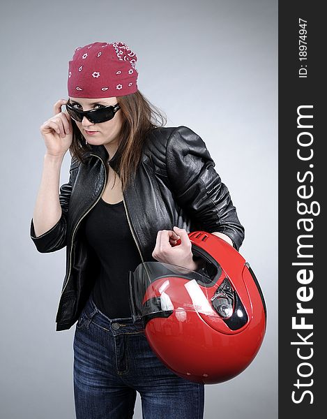 Young white girl posing with black jacket and accessories. Young white girl posing with black jacket and accessories