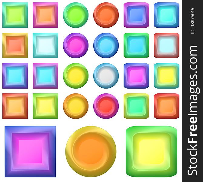 Set icons, isolated variegated round and square buttons. Set icons, isolated variegated round and square buttons