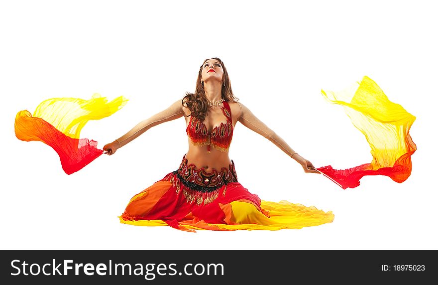 Beauty young woman dance with fantail on white