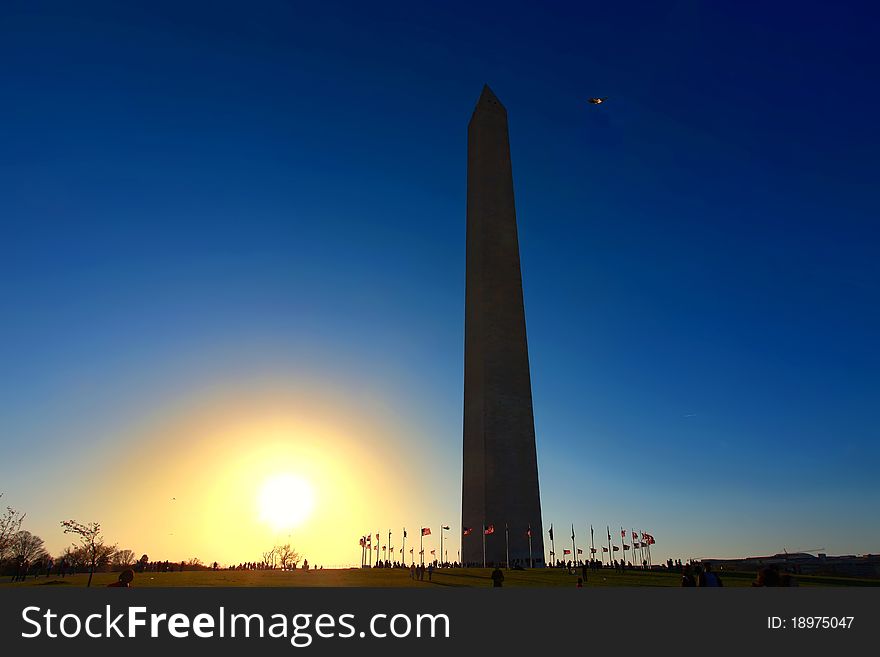 Washington monument in sun set