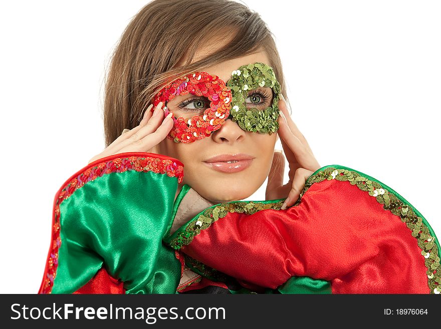 Portrait of pretty girl with colorful mask