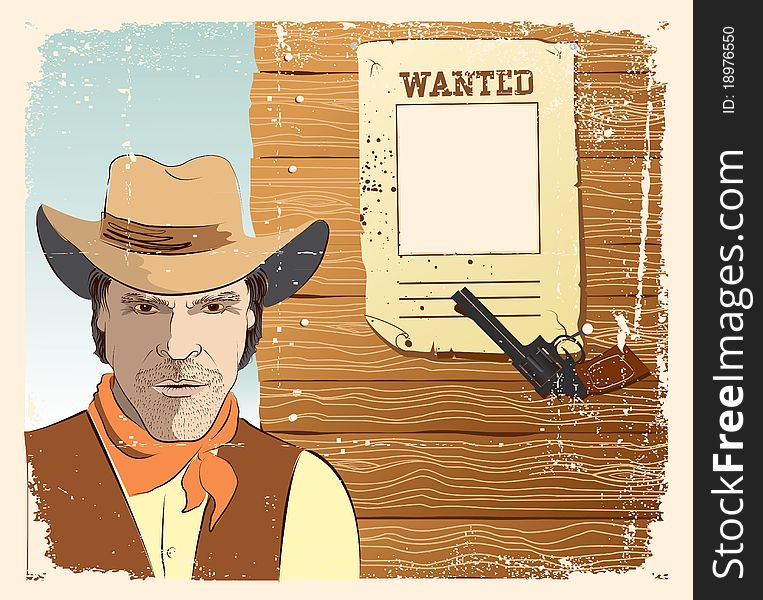 Cowboy and gun. Grunge image with wanted paper