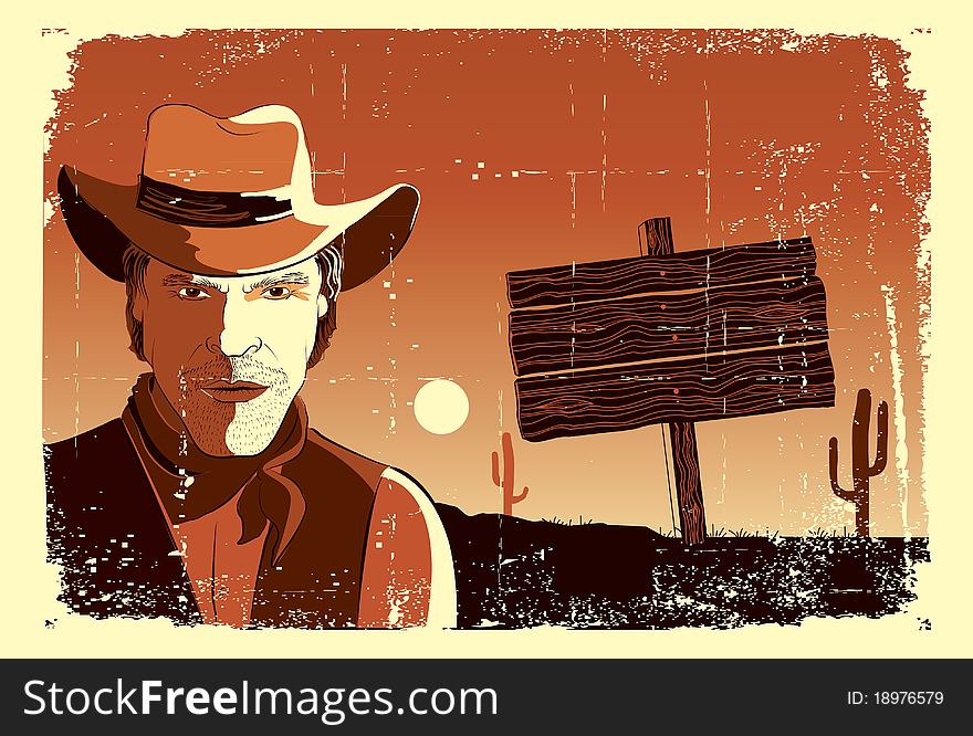 Portrait of cowboy man.Vector grunge western poster background