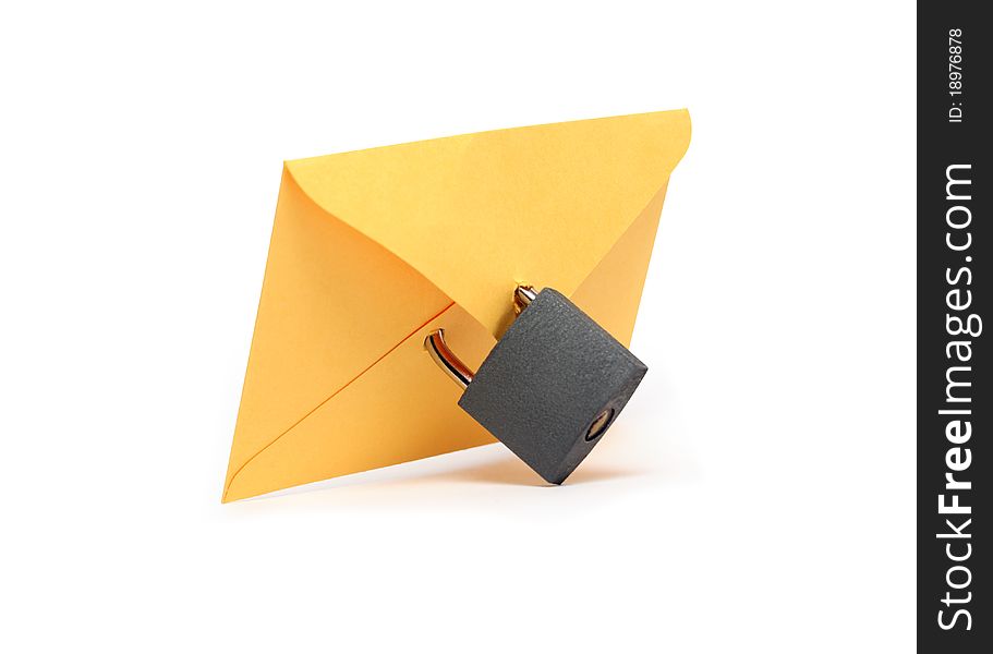Yellow paper envelope attached with padlock. Isolated on white with clipping path. Yellow paper envelope attached with padlock. Isolated on white with clipping path