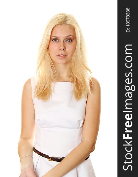 Young beautiful Caucasian blond woman. Isolated on white background. Young beautiful Caucasian blond woman. Isolated on white background