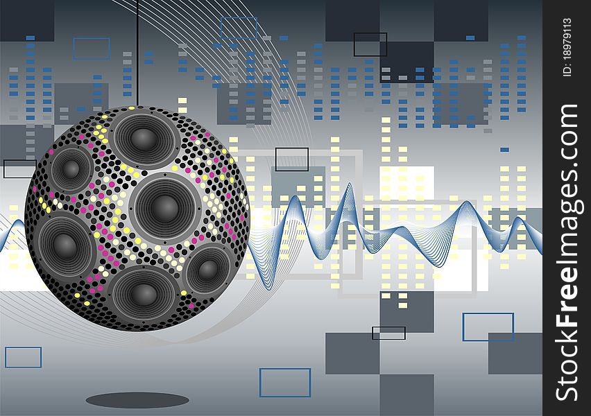 Musical background with speakers and disco abstract ball.