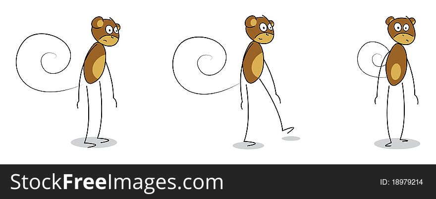 Different positions of monkey walking in cartoon character. Different positions of monkey walking in cartoon character.
