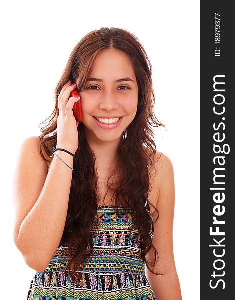 Happy woman talking on a cellphone with the face of emotion