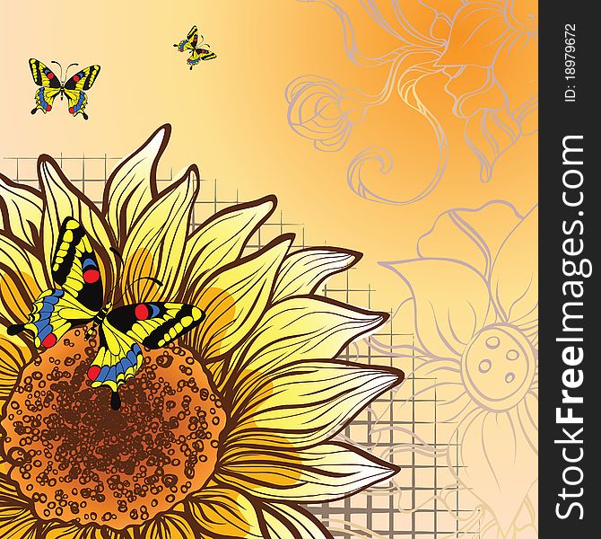 Abstract background with sunflower and butterflies