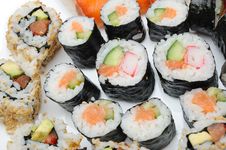 Different Types Of Maki Sushi In Sushi Set Stock Photo