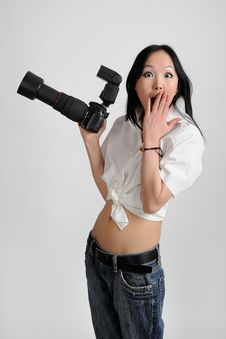 Asian Woman With Photo Camera Royalty Free Stock Photos Asian Woman With Photo Camera Royalty Free Stock Photos