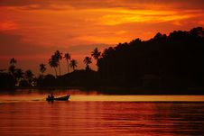 Colorful Sunset Over The River And A Boat Stock Photos Colorful Sunset Over The River And A Boat Stock Photos