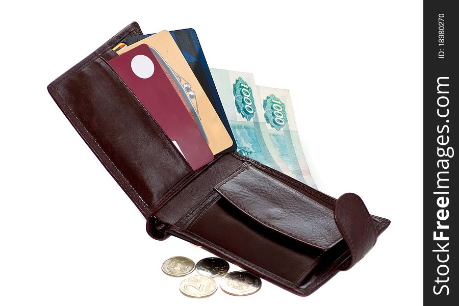 Open wallet with Russian rubles and credit cards. Open wallet with Russian rubles and credit cards