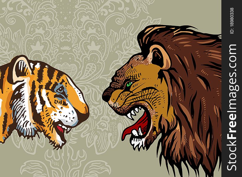 Tiger & Lion staring each other on gray background.