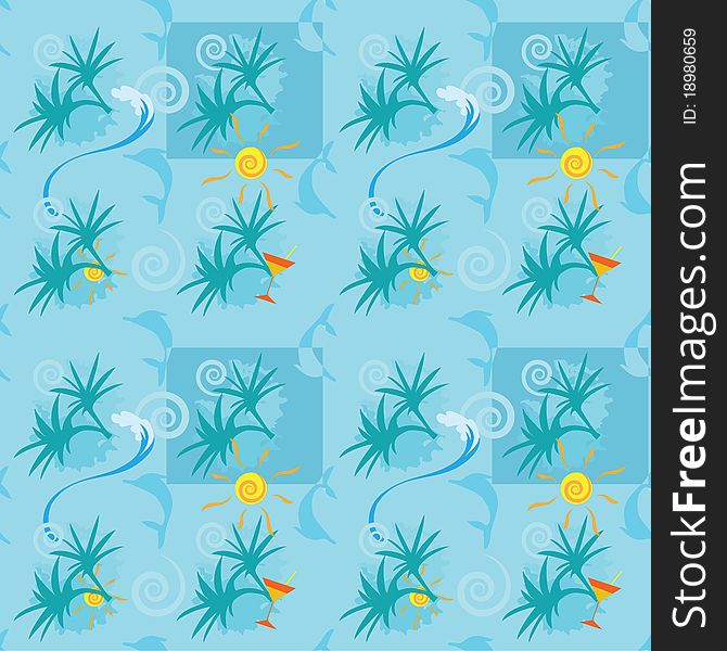 Seamless summer pattern for background palms and dolphins