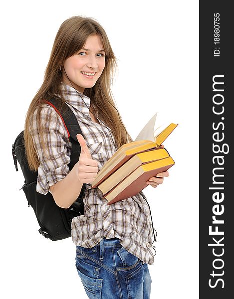 Girl with a backpack and the book,exposing greater fingers,. Girl with a backpack and the book,exposing greater fingers,