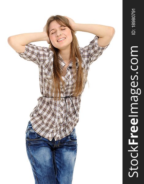 Young woman with  its hands covering his ears not to hear noise.