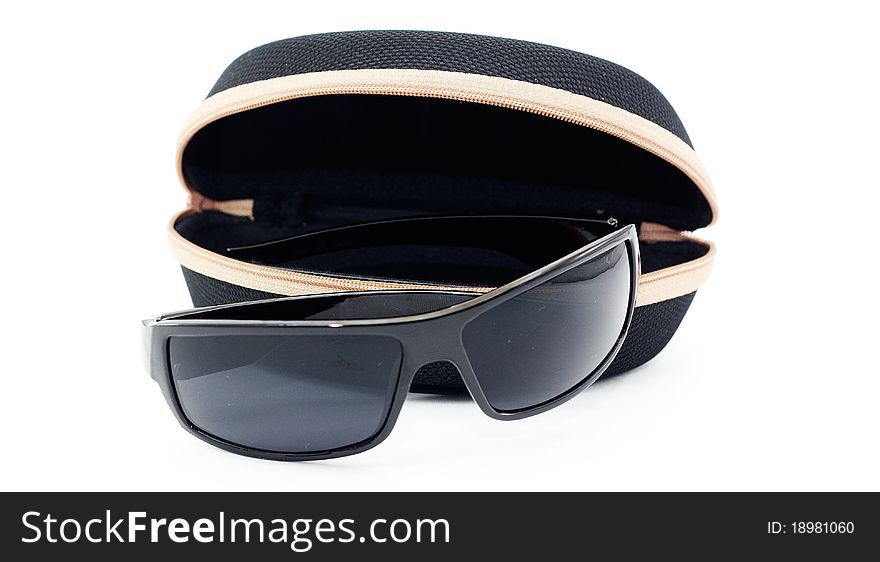 Sunglasses and case isolated on white background