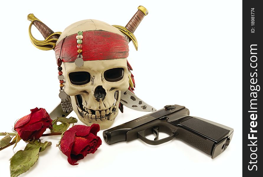 Skull with a pistol and withered roses on a white background. Skull with a pistol and withered roses on a white background