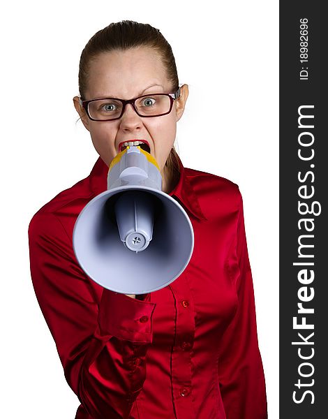 Screaming woman with megaphone. White background