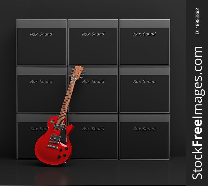 Red guitar and amplifier on white background
