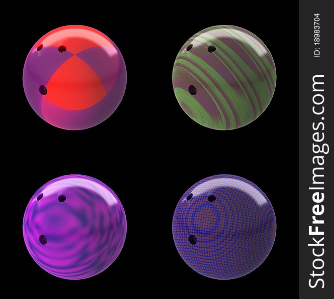 Four colorful ten pin bowling balls isolated on black background. Four colorful ten pin bowling balls isolated on black background