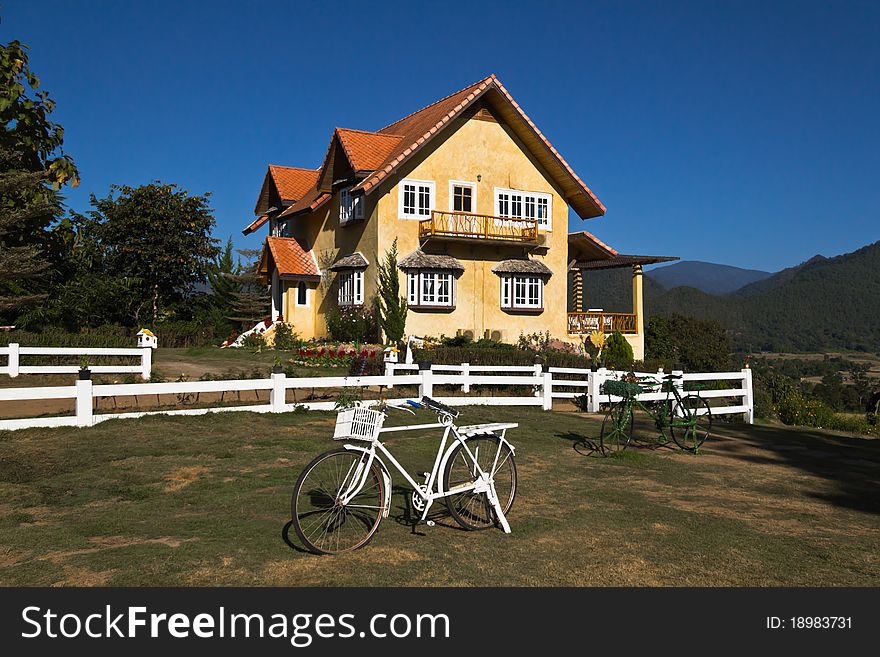 Yellow classic house on hill in pai district maehongson thailand