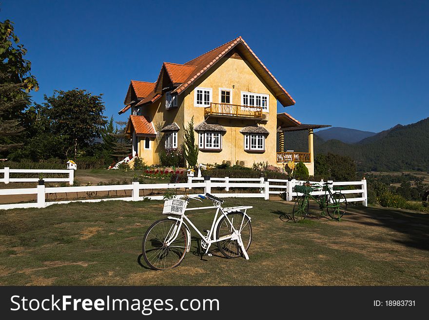 Yellow classic house on hill in pai district