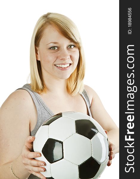 Young woman wiith soccer ball- isolated on white