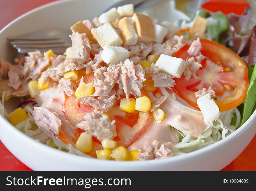 Tuna salad with vegetables on white bowl